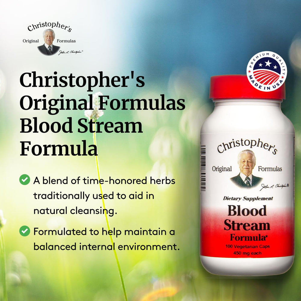 Blood Stream packaging close-up highlighting plant-based ingredients from Christopher's Original Formulas