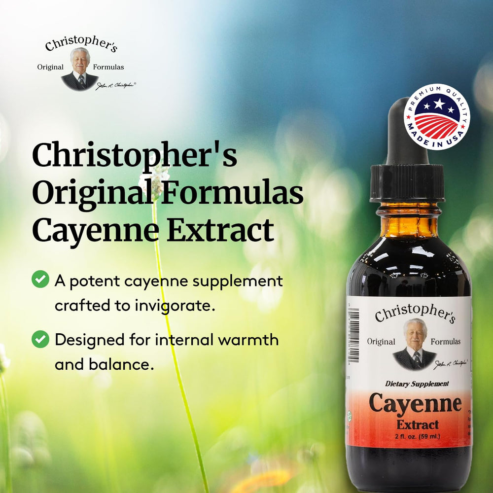 Label detail on Christopher's Original Formulas Cayenne Extract emphasizes natural ingredients