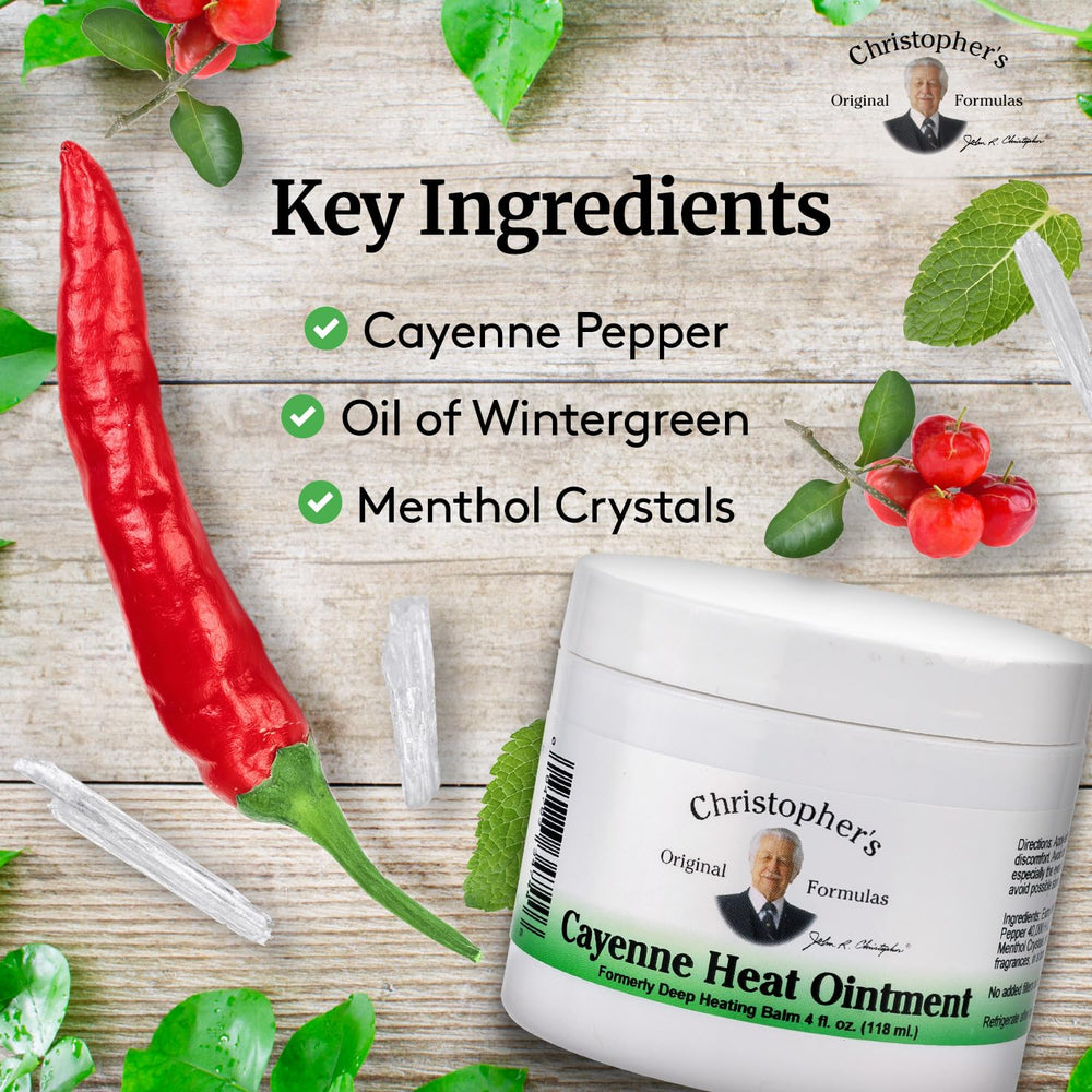 Key ingredients of Christopher's Cayenne Heat Ointment: cayenne, wintergreen, peppermint