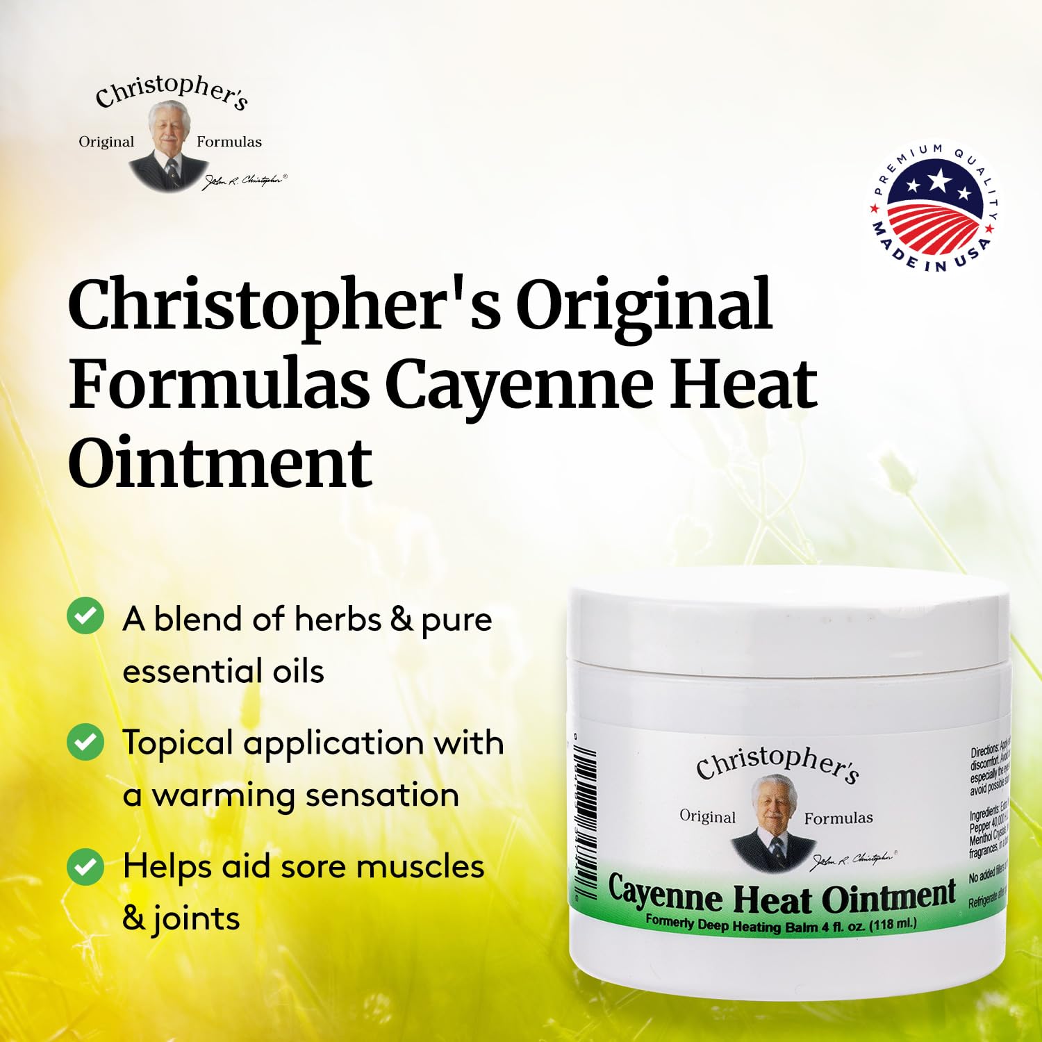USA-made Christopher's Original Formulas Cayenne Heat Ointment label highlights quality