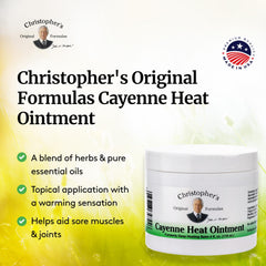 USA-made Christopher's Original Formulas Cayenne Heat Ointment label highlights quality