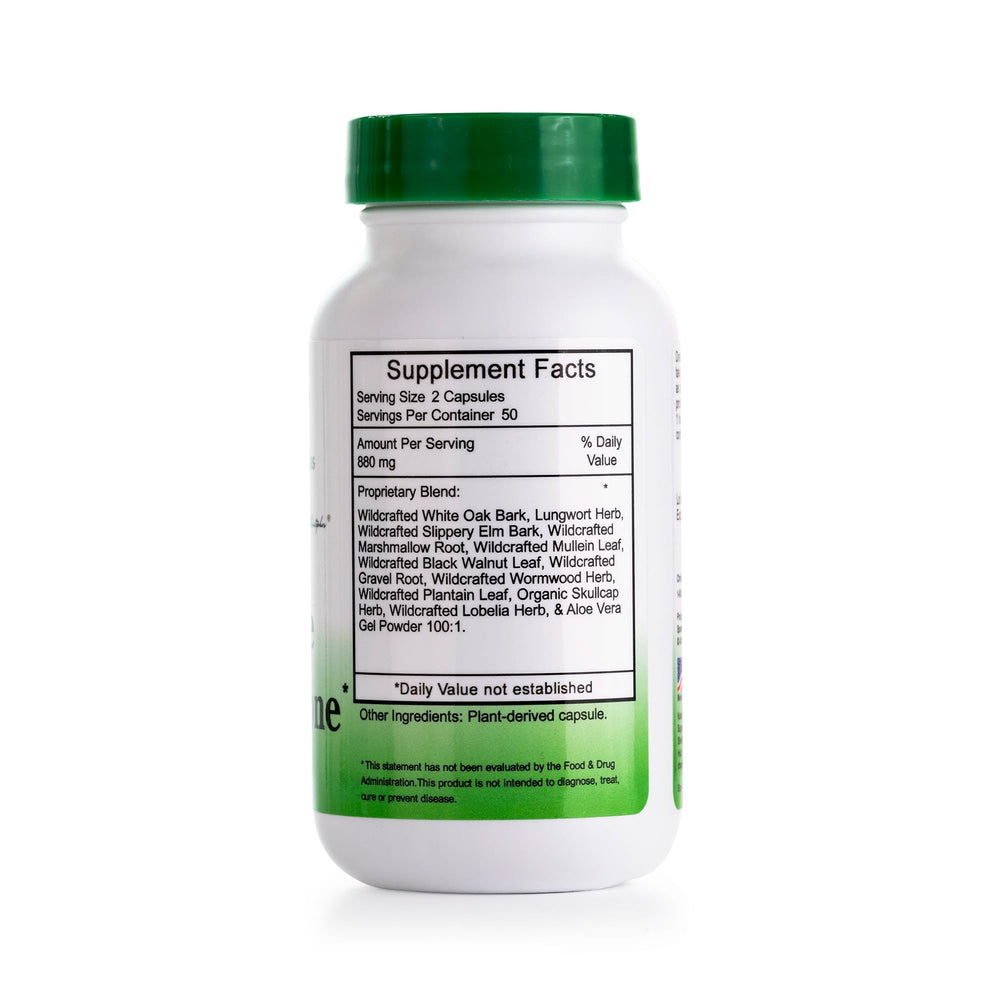 Closeup of vegan capsules highlighting White Oak Bark, Slippery Elm, and Mullein Leaf ingredients.
