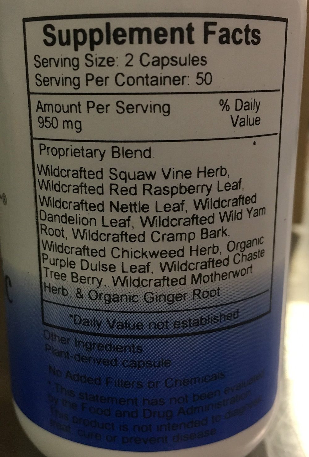 Christopher's Original Formulas Female Tonic formula label close-up emphasizing 100% vegetable capsules