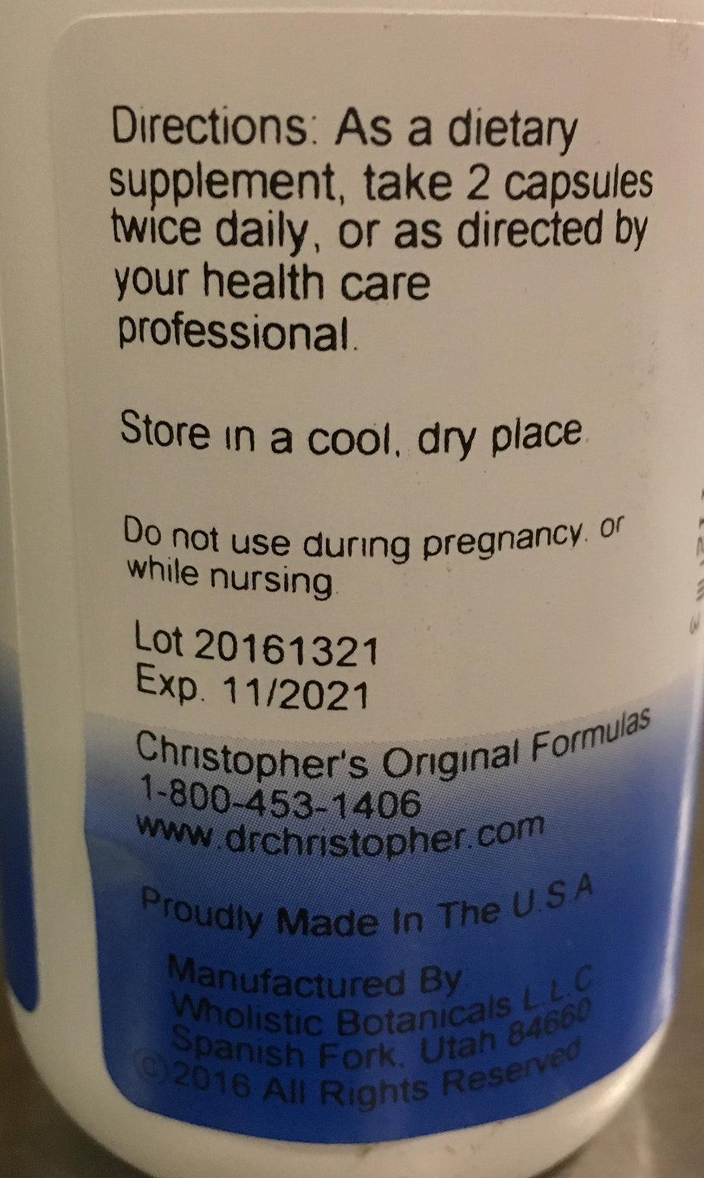 Label detail of Dr Christopher's formula with ingredients list for careful selection