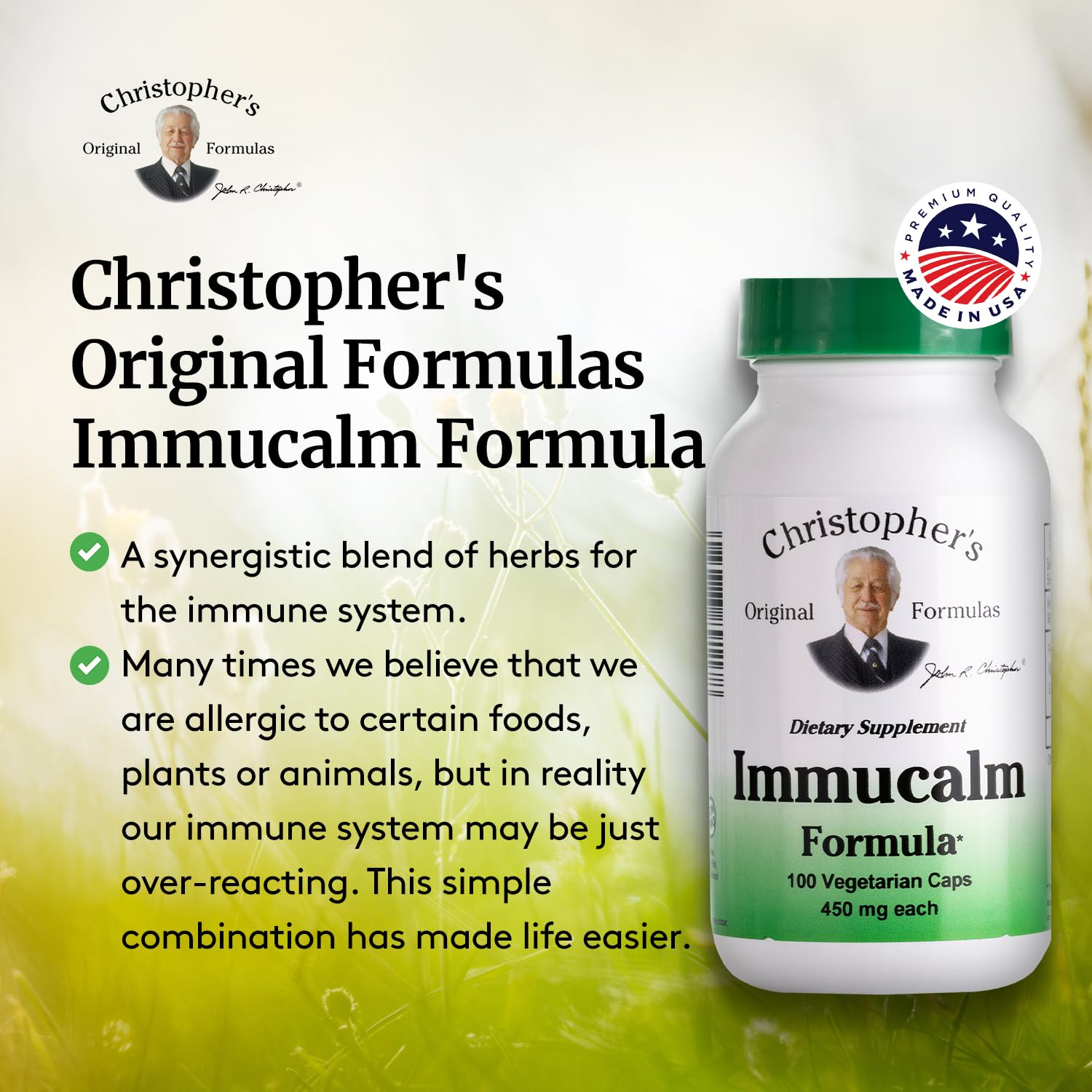Immucalm bottle label emphasizes herbal blend and usage