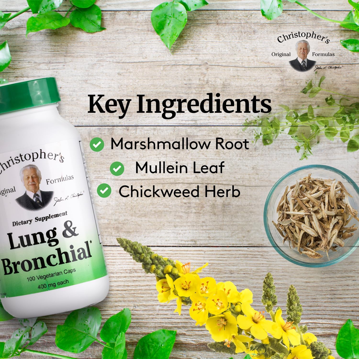 Christopher's Original Formulas herbal blend featuring mullein leaf and chickweed for breathing comfort.