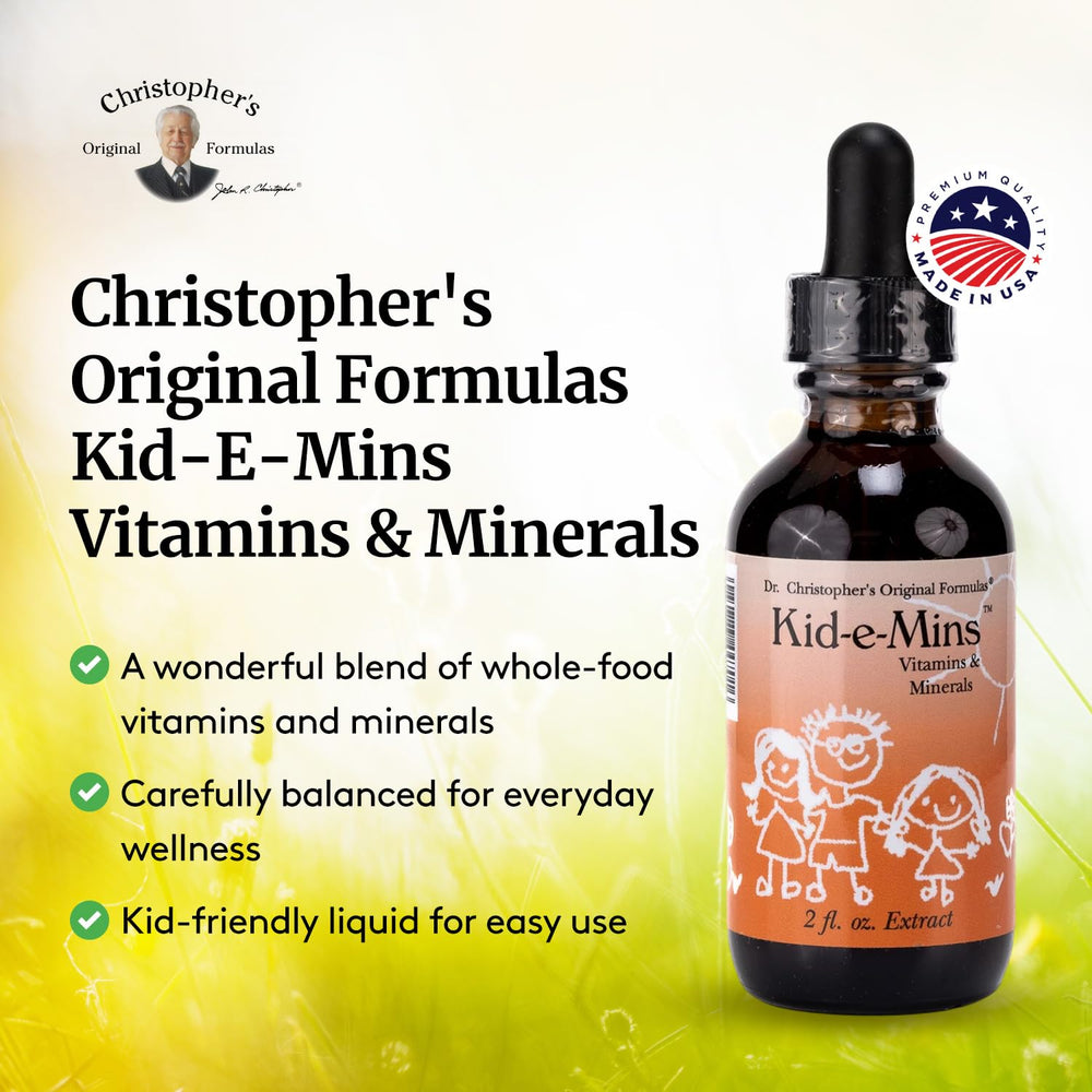 Herbal ingredients label shows alfalfa, dandelion, kelp in Kid-E-Mins for natural wellness.