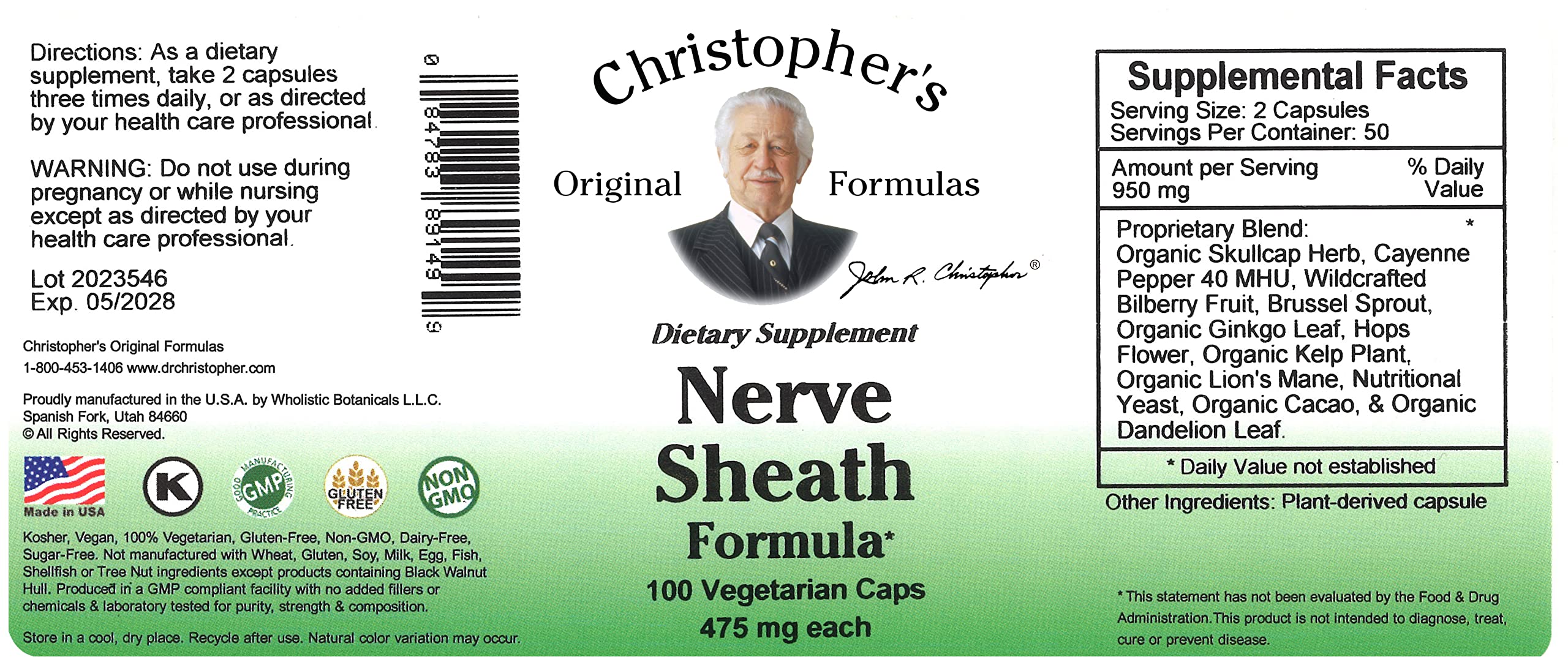 Christopher's Original Formulas Nerve Sheath Formula capsules closeup for daily supplementation.