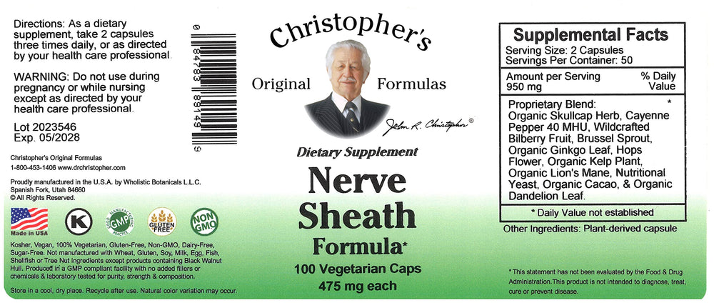 Christopher's Original Formulas Nerve Sheath Formula capsules closeup for daily supplementation.