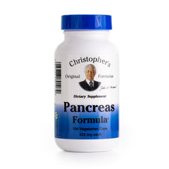 Christopher's Original Formulas Pancreas Formula bottle shows a balanced herbal blend for digestive wellness