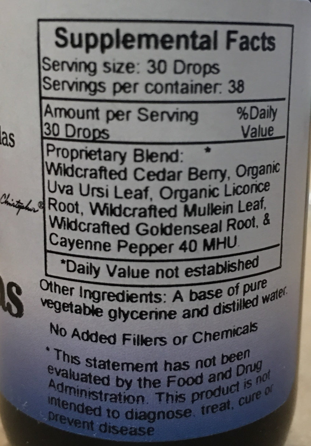 Christopher's Pancreas Formula label close-up for natural plant ingredients supporting digestion
