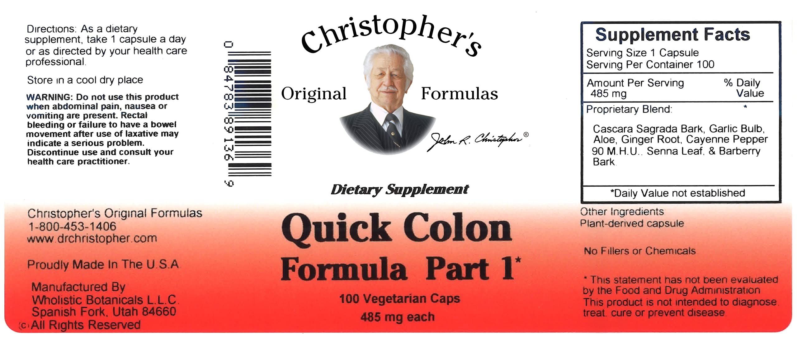 Christopher's Original Formulas Quick Colon Part 1 capsule dispense demonstrates easy-to-take format.
