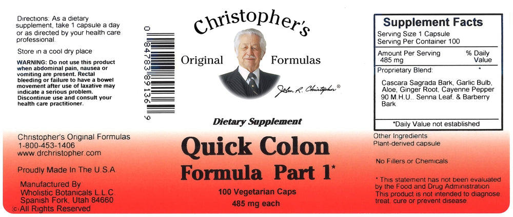 Christopher's Original Formulas Quick Colon Part 1 capsule dispense demonstrates easy-to-take format.