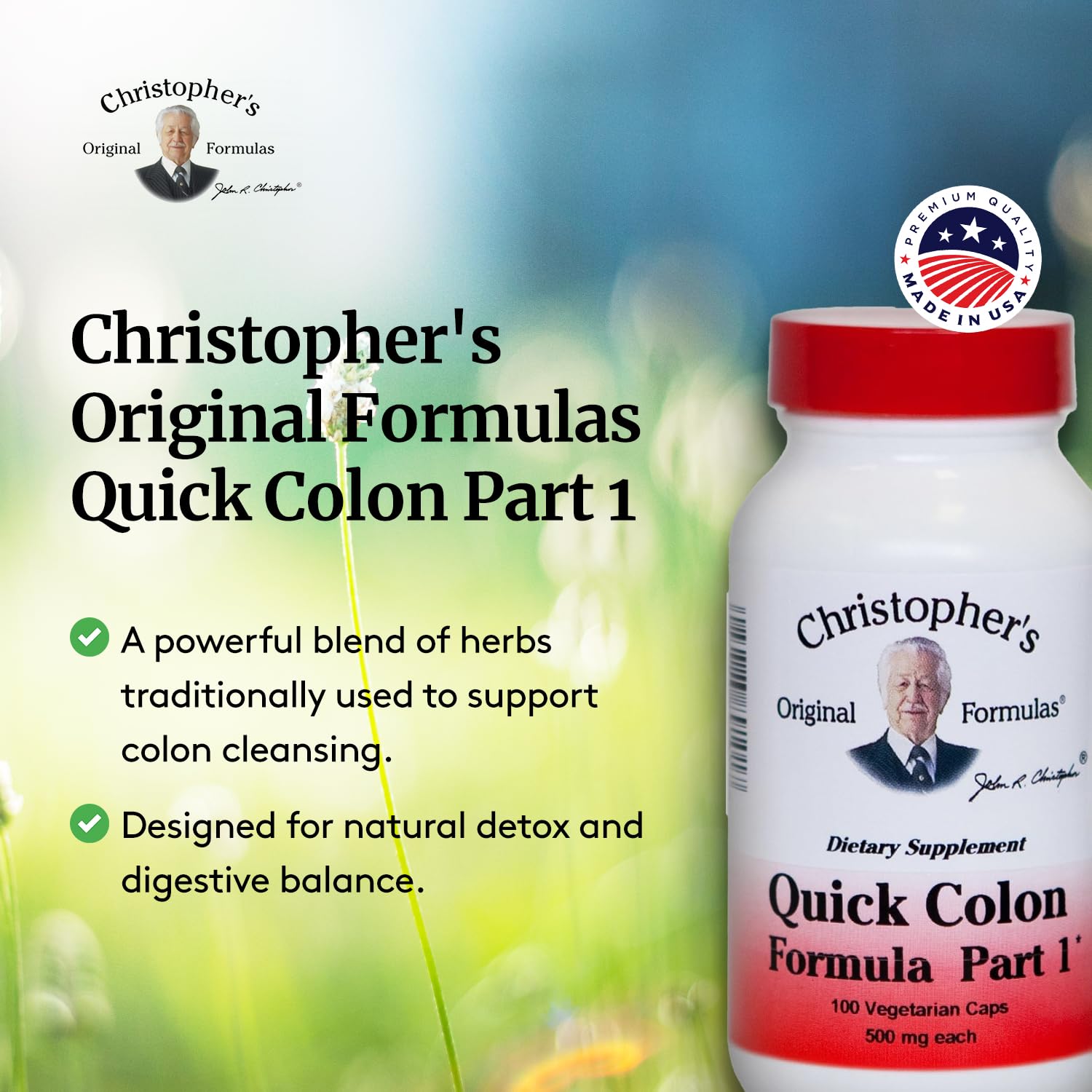 Christopher's Original Formulas Quick Colon Part 1 ingredients list confirms natural herbal composition for regularity.