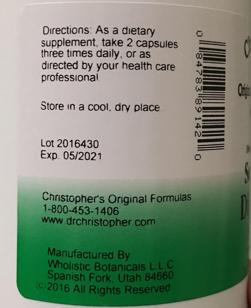 Christopher's Original Formulas Soothing Digestion bottle label shows slippery elm and licorice for soothing comfort.