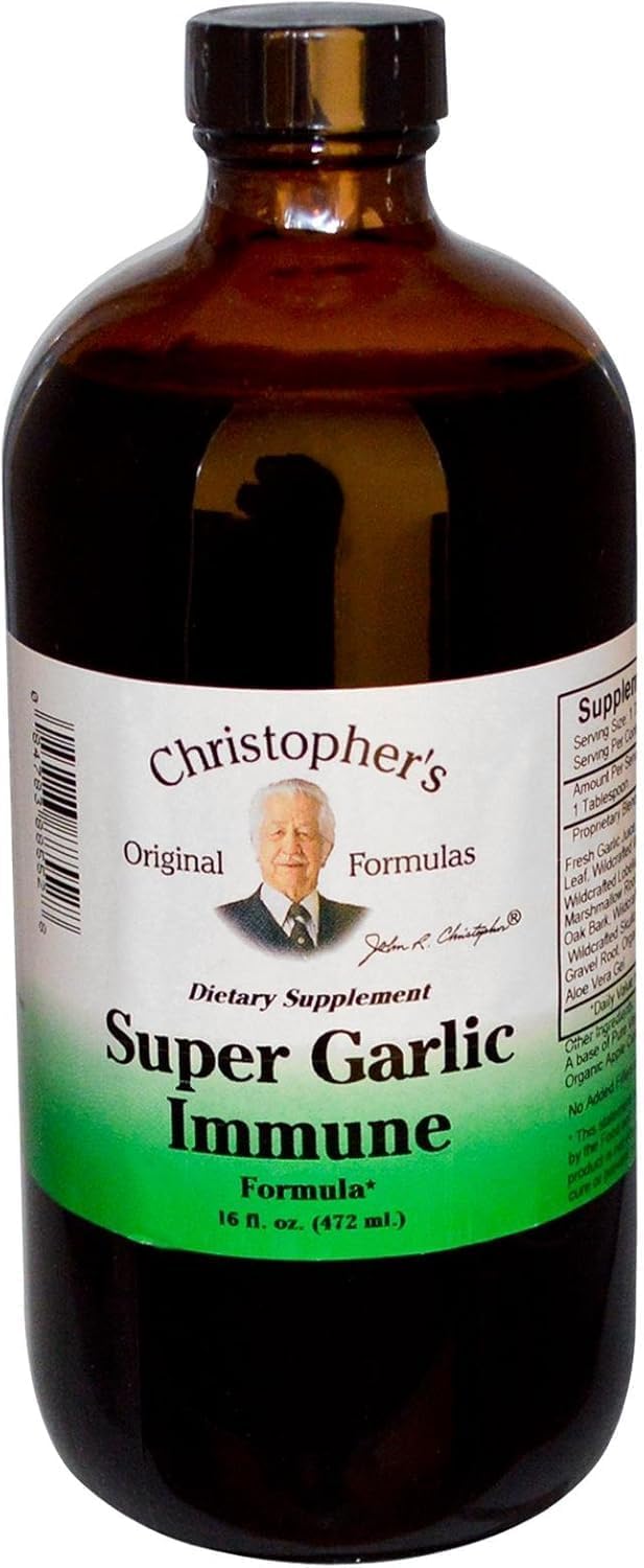 Christopher's Super Garlic Immune Syrup bottle, pure herbal blend for steady daily wellness.