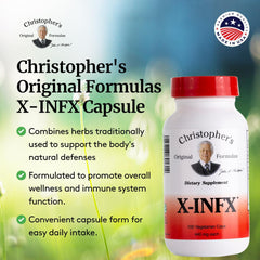 Christopher's Original Formulas X-INFX packaging back shows 100-count supply for ongoing wellness.