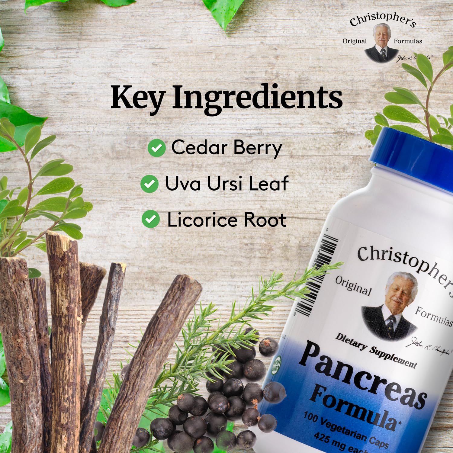 Close-up of the Pancreas Formula label highlights a trusted, USA-made blend