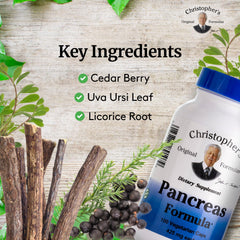 Close-up of the Pancreas Formula label highlights a trusted, USA-made blend