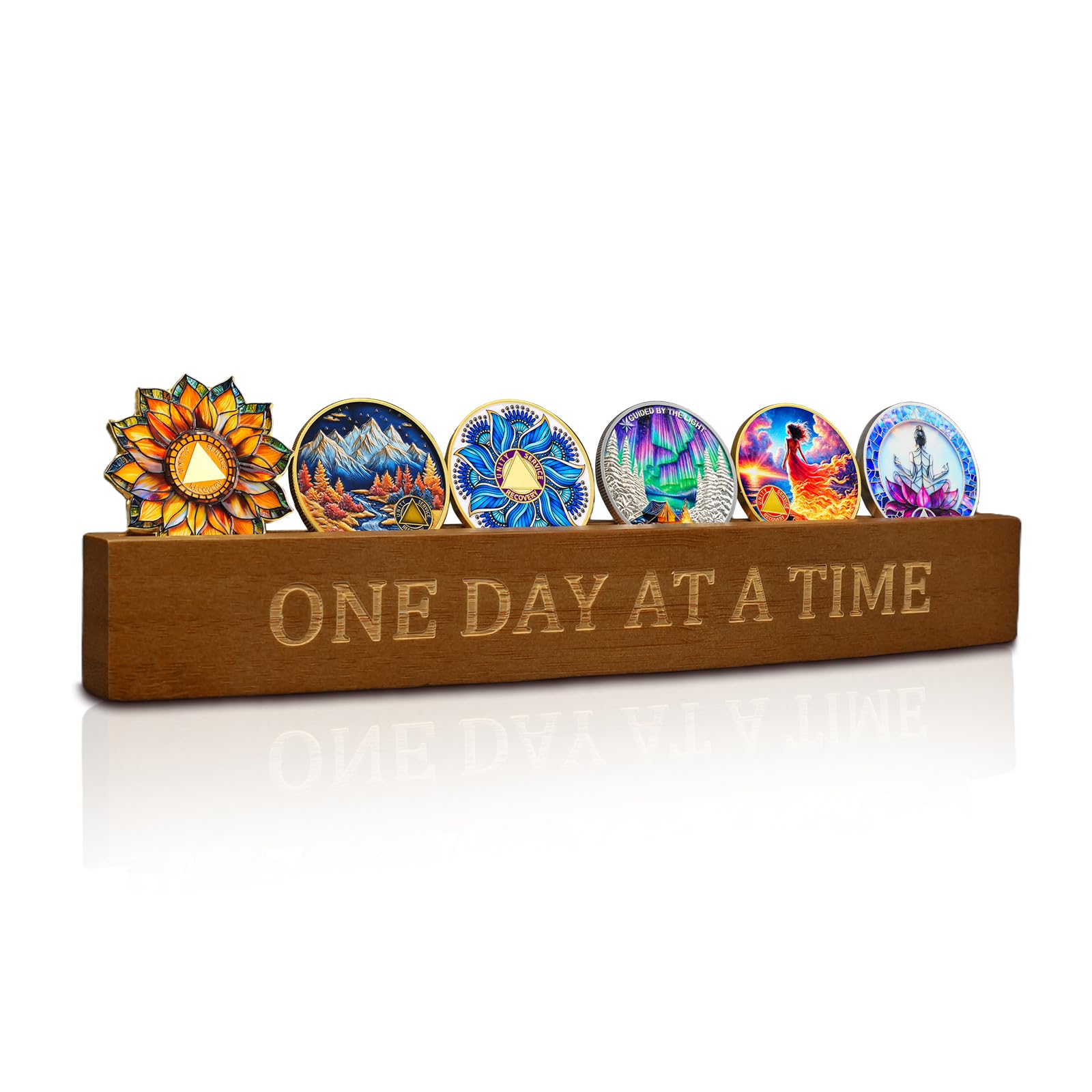 CHURYUML Bamboo Sobriety Coin Holder with One Day at a Time engraving, a visible milestone.