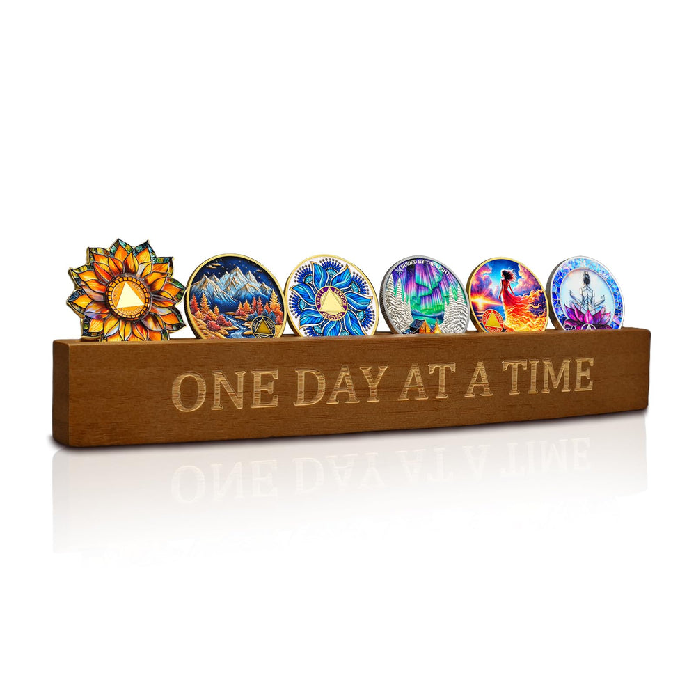 CHURYUML Bamboo Sobriety Coin Holder with One Day at a Time engraving, a visible milestone.