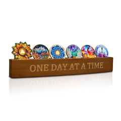 CHURYUML Bamboo Sobriety Coin Holder with One Day at a Time engraving, a visible milestone.