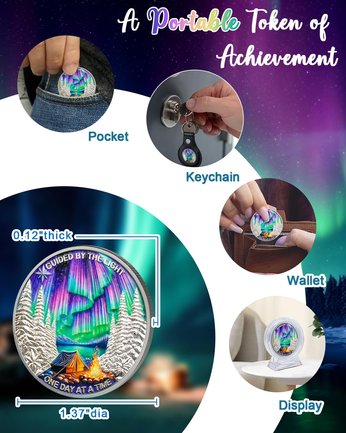 CHURYUML Sobriety coin size and finish detail for portability.