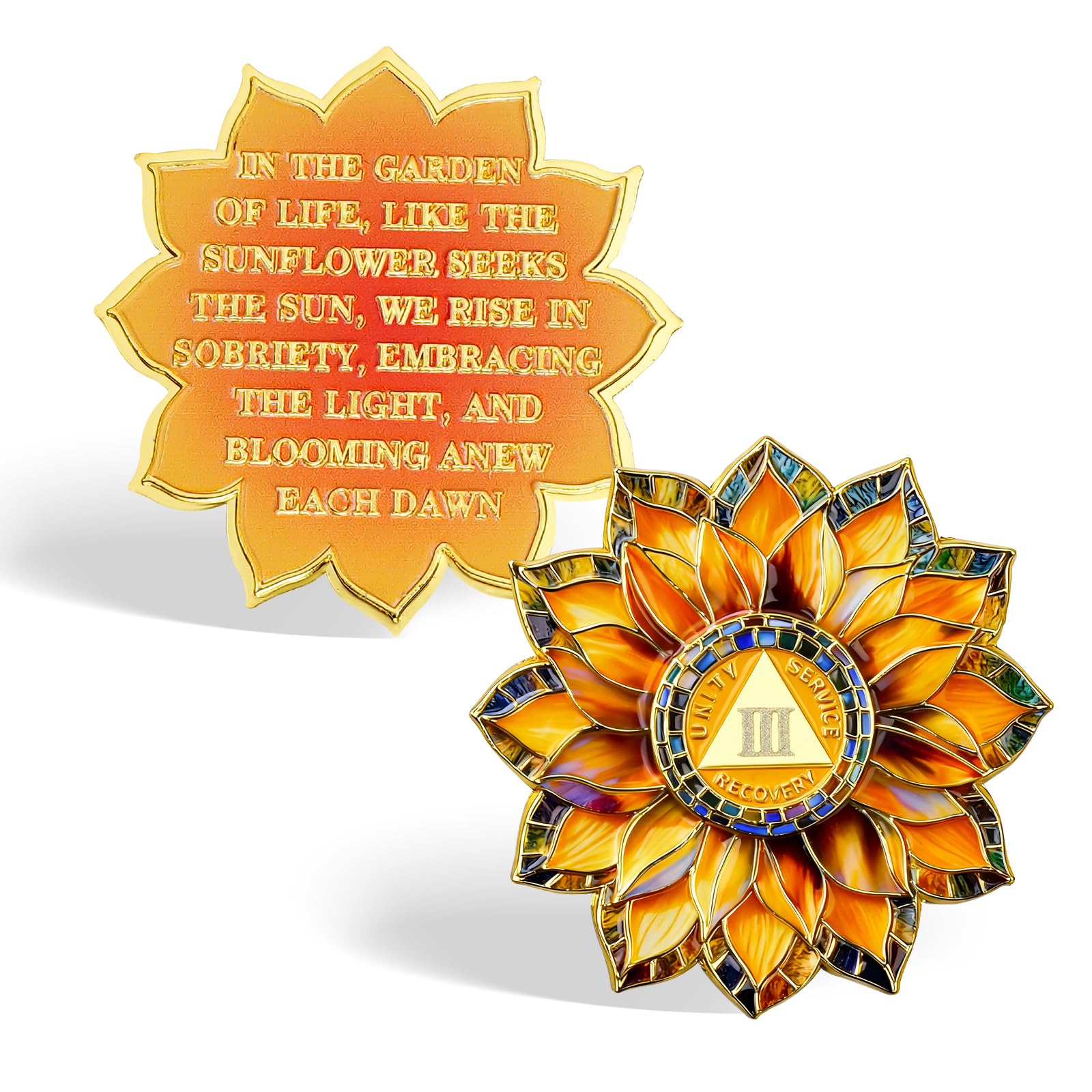 CHURYUML Sunflower 3-Year Coin front view with hopeful sunflower symbol.