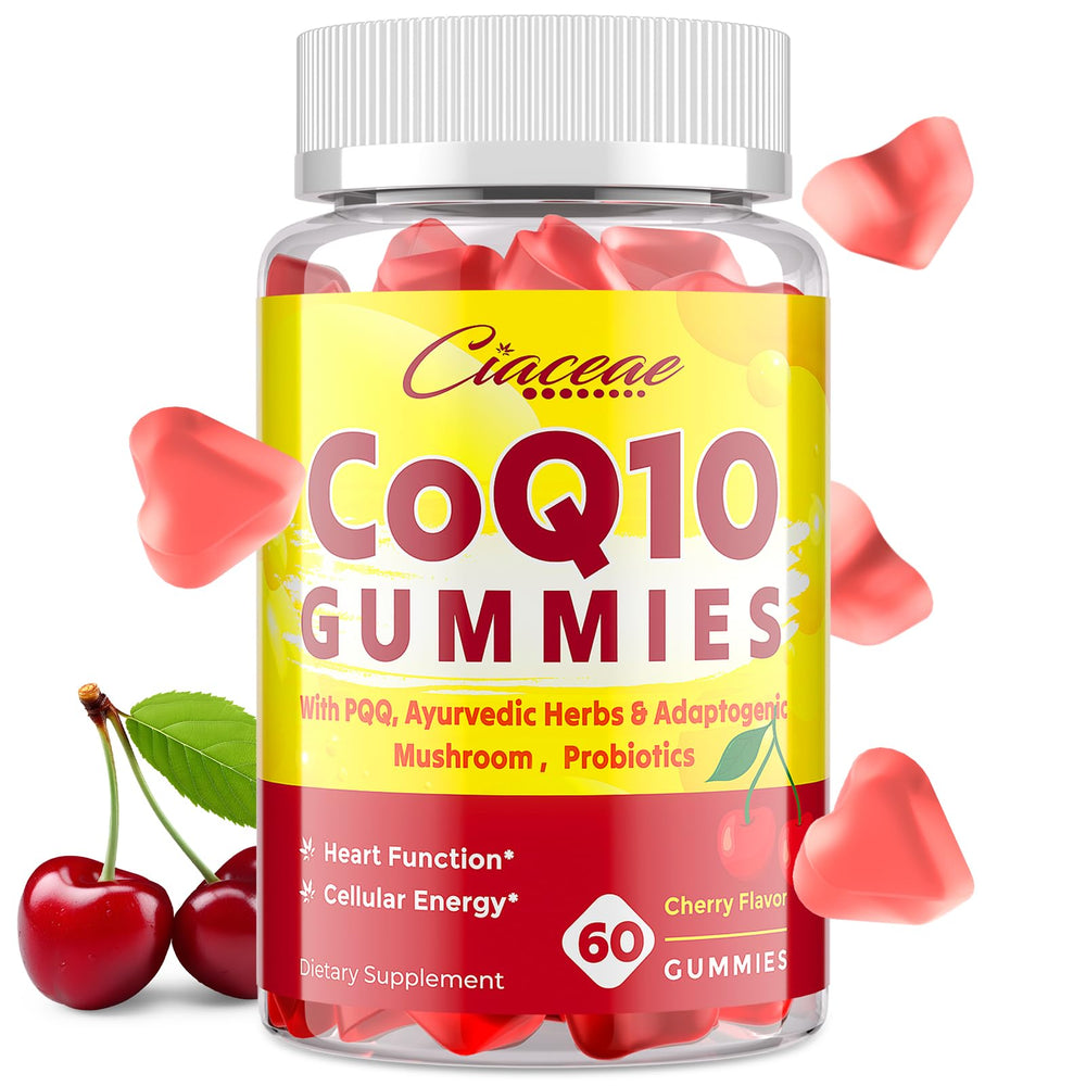 Ciaceae CoQ10 Gummies cherry bottle showing daily energy and immune support.