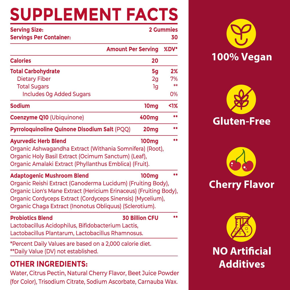Nutrition label highlights 400 mg CoQ10 and 30B CFU probiotics for gut wellness