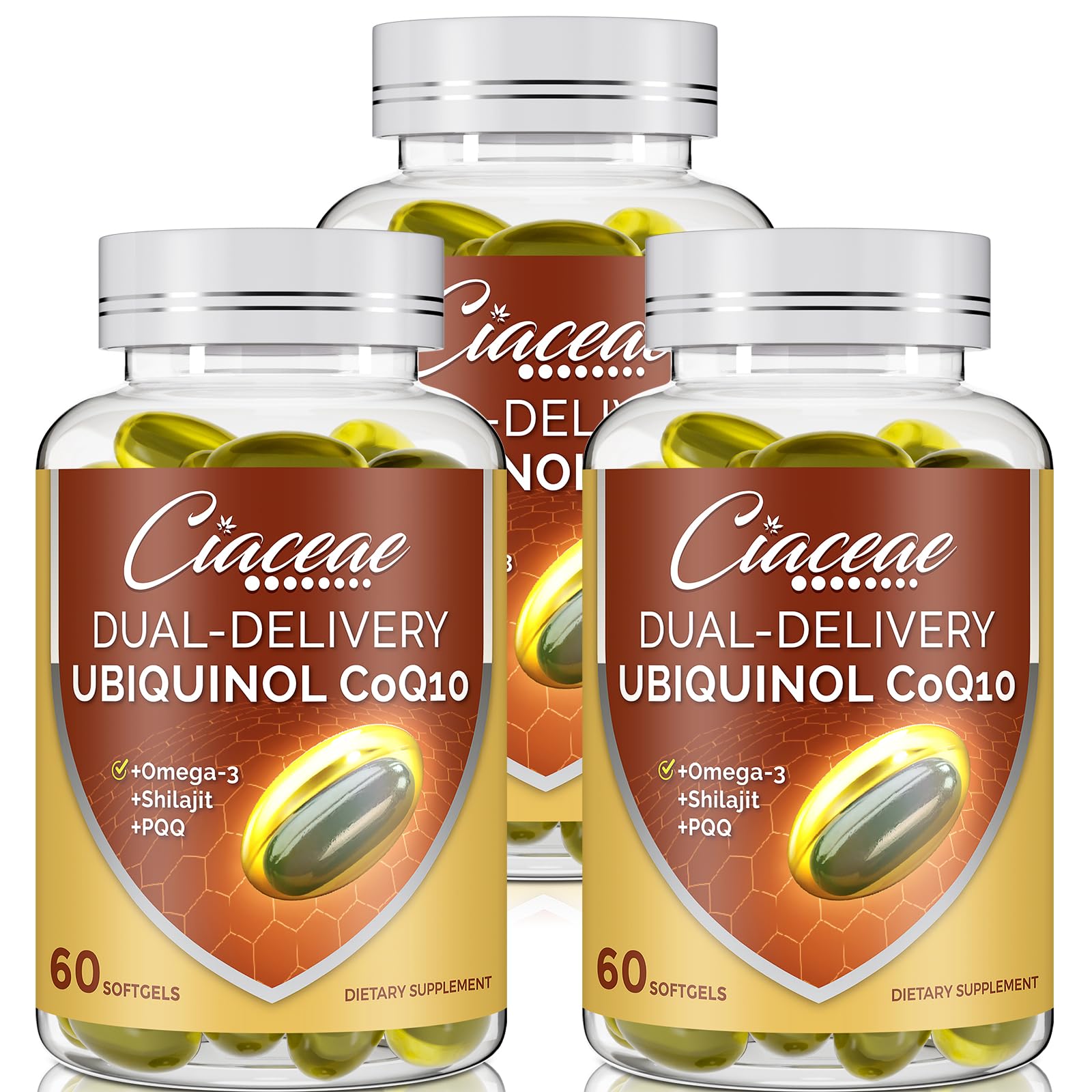 Ciaceae ubiquinol CoQ10 dual-delivery softgel bottle for faster absorption and convenience.
