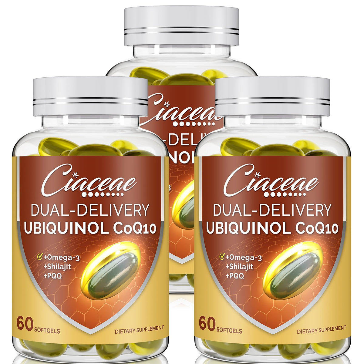 Ciaceae ubiquinol CoQ10 dual-delivery softgel bottle for faster absorption and convenience.