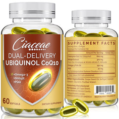 Ciaceae ubiquinol CoQ10 softgel bottle shows dual-delivery for enhanced absorption.
