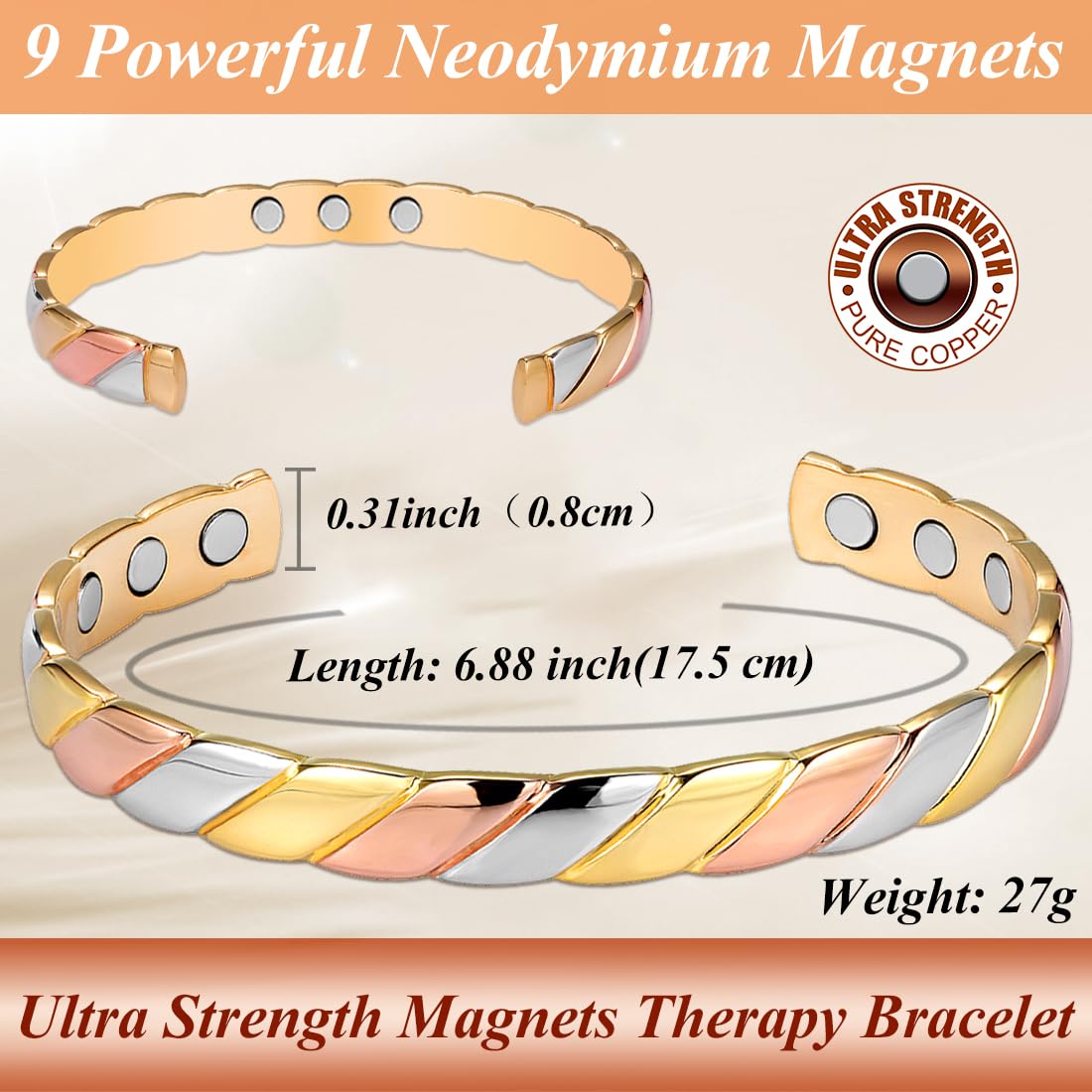 Brazalete Cigmag de cobre tricolor añade estilo a cualquier look