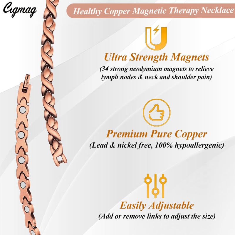 Cigmag copper necklace hypoallergenic copper closeup reassures skin-friendly, nickel-free design.