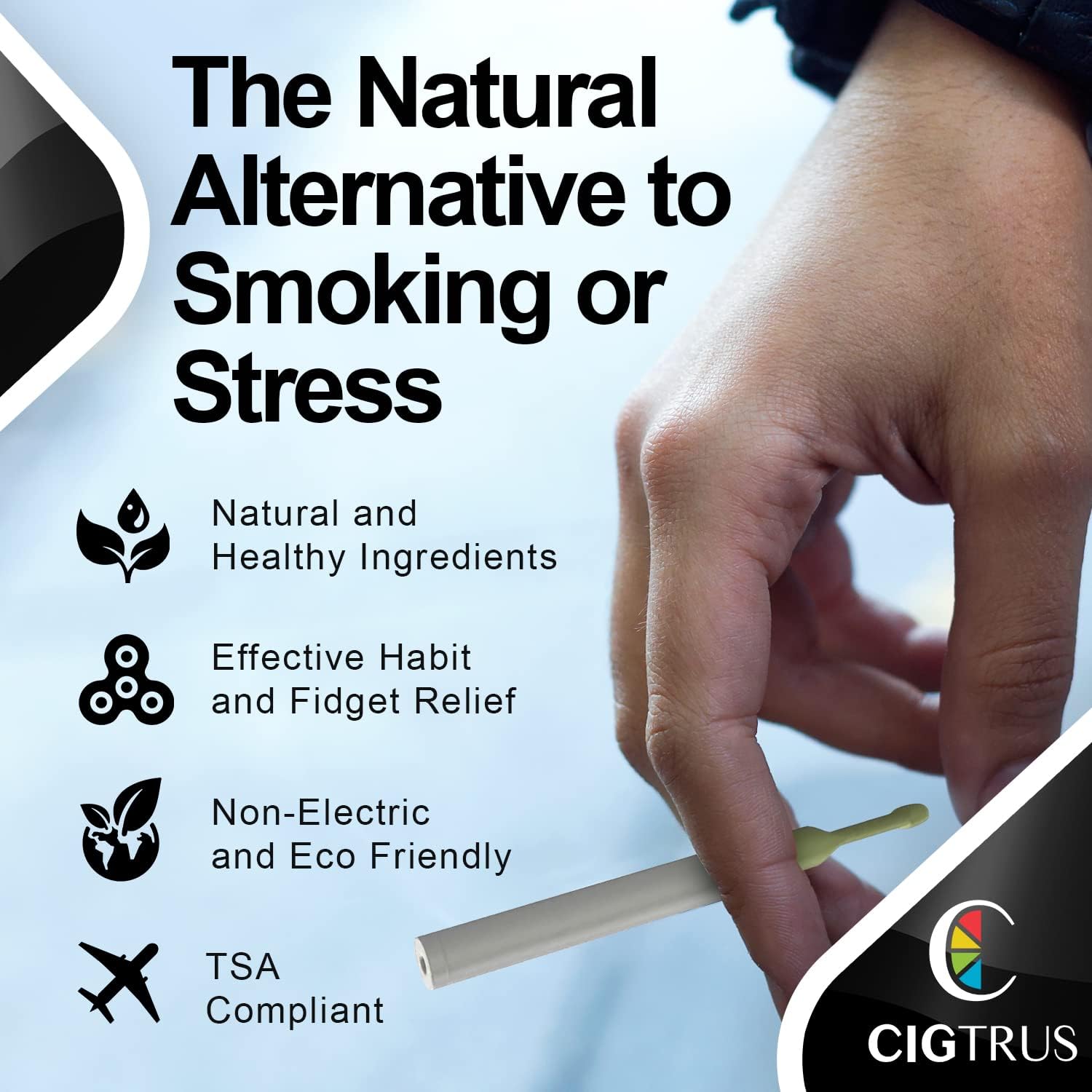 Cigtrus inhaler releases natural essential oils to support relaxation.
