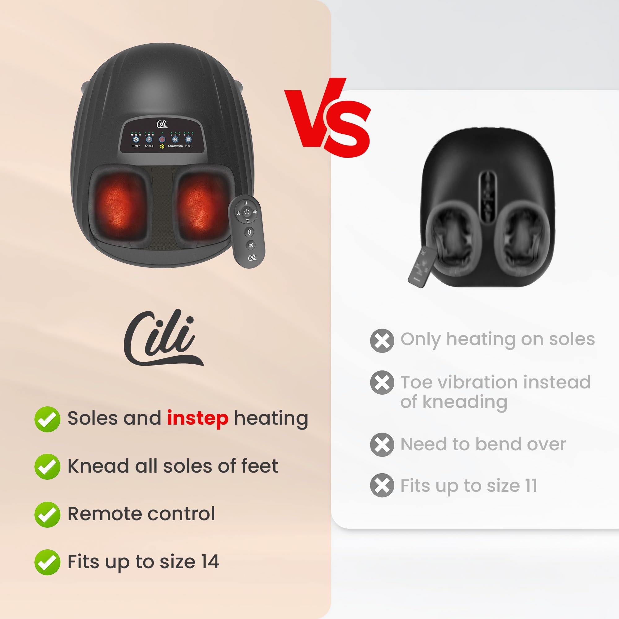 CILI foot massager shows three heating levels for personalized comfort.