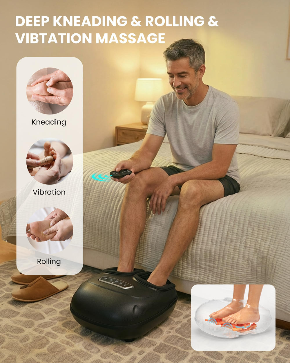 CILI foot massager remote control lets you operate easily from a seat.
