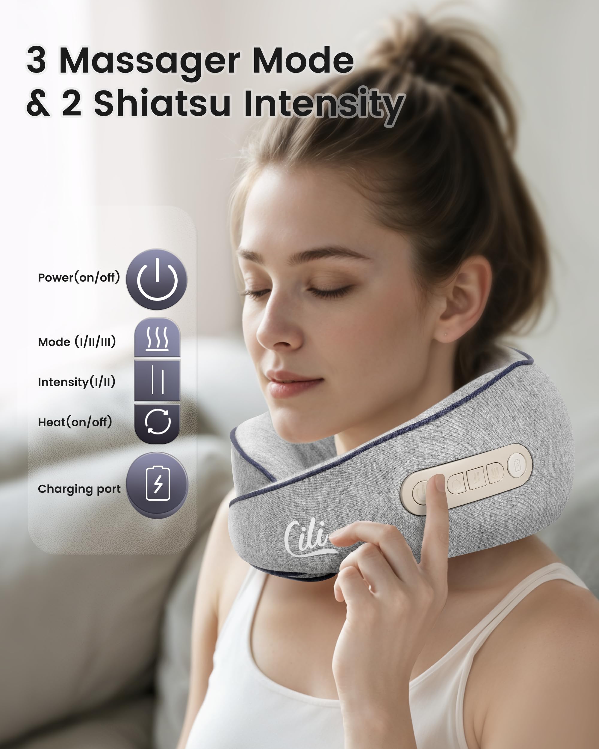 CILI shiatsu neck massager with adjustable buckle fits multiple neck sizes