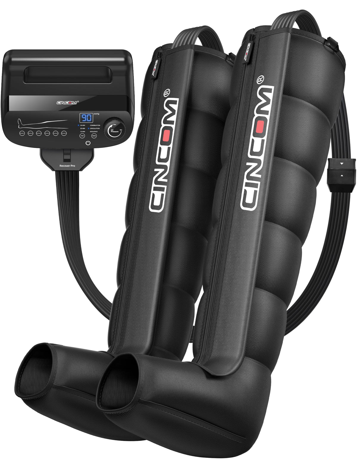 CINCOM air compression recovery system boot showing six zones for targeted leg support and circulation