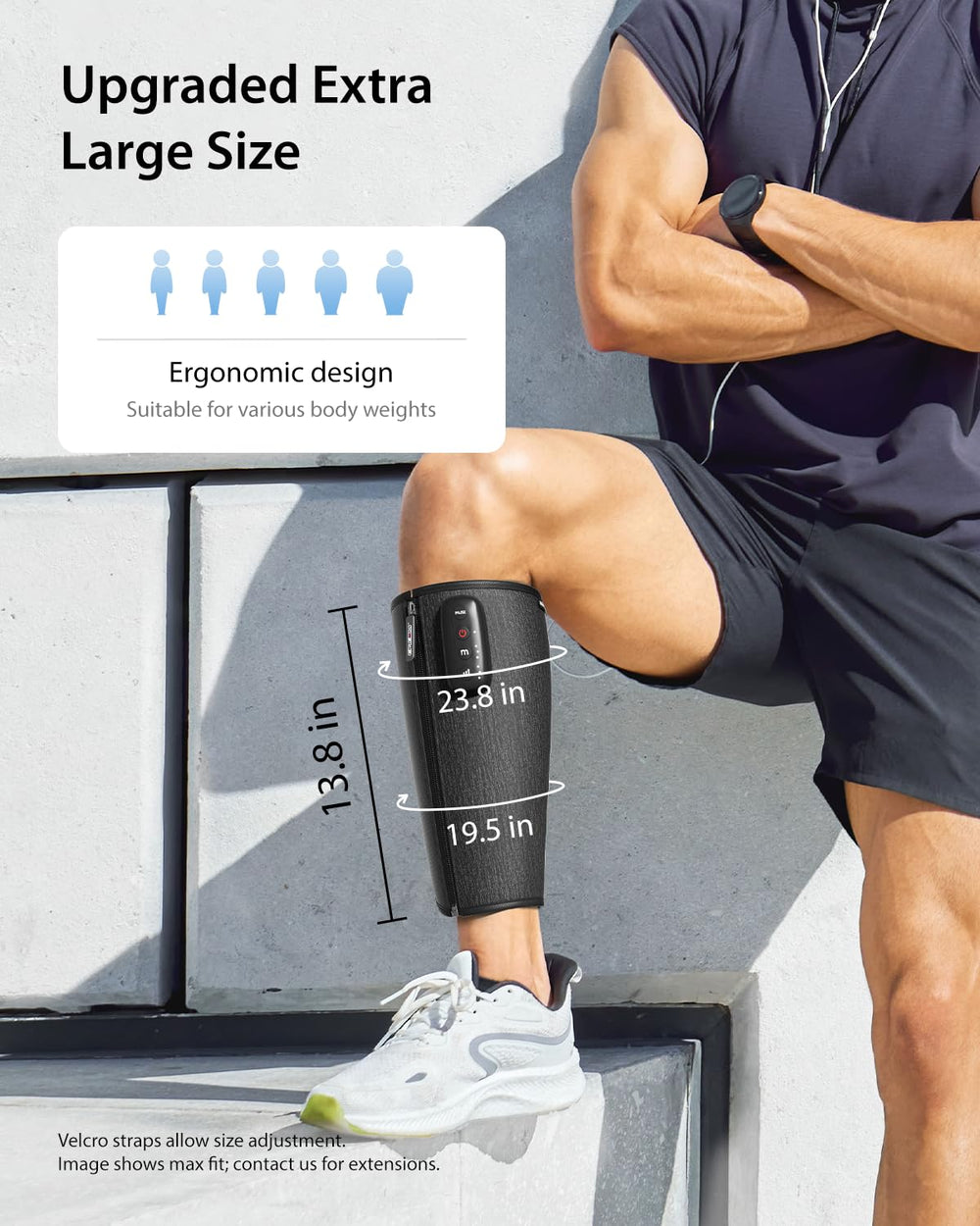 Adjustable Velcro leg wraps on Cincom calf massager for secure fit.