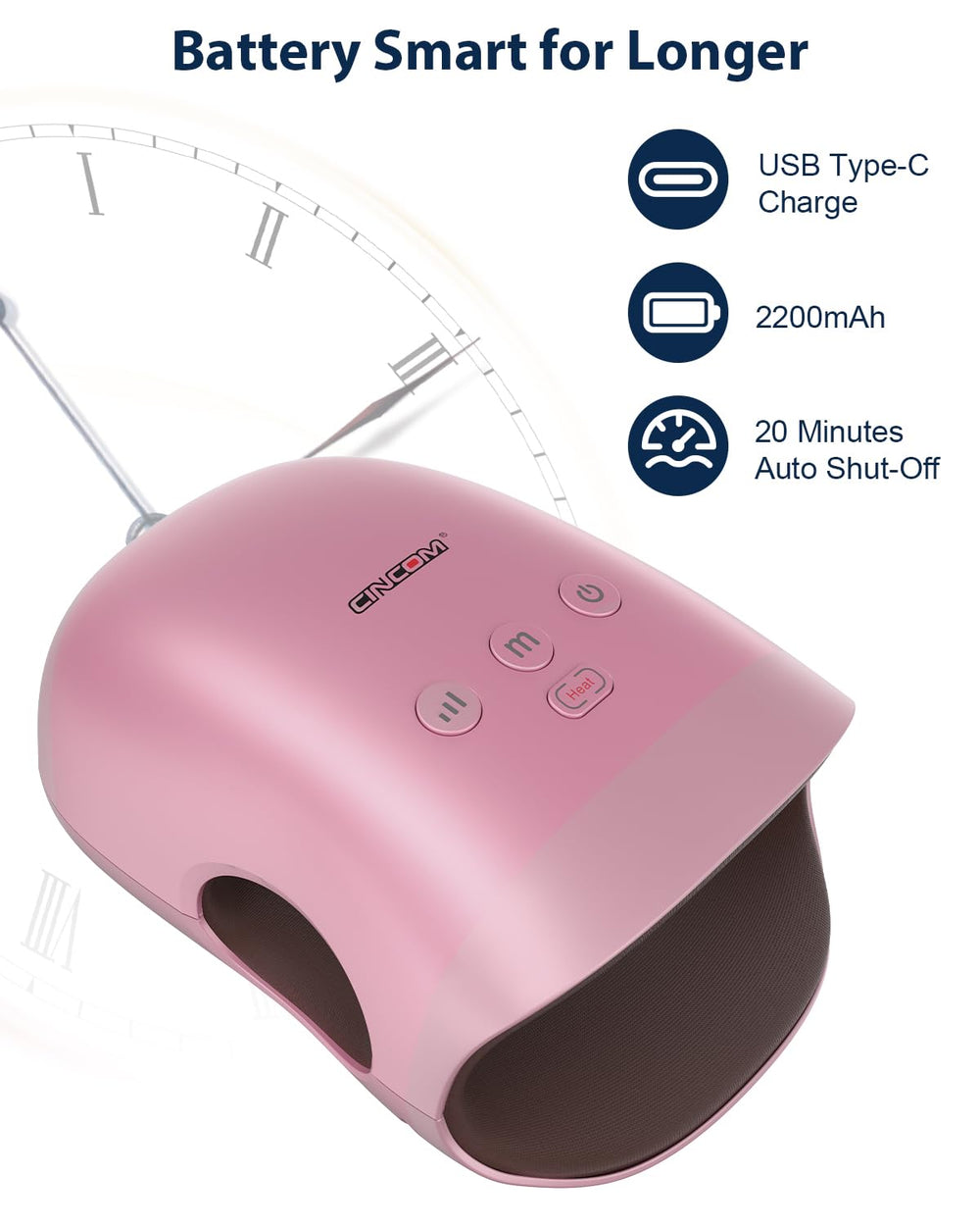 CINCOM Hand Massager battery life enabling hours of cordless use