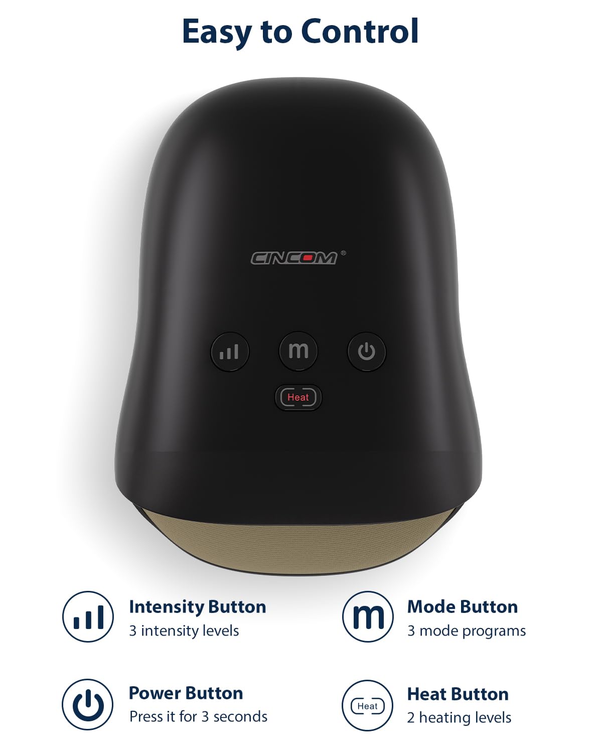 Compact travel-ready CINCOM hand massager on a desk