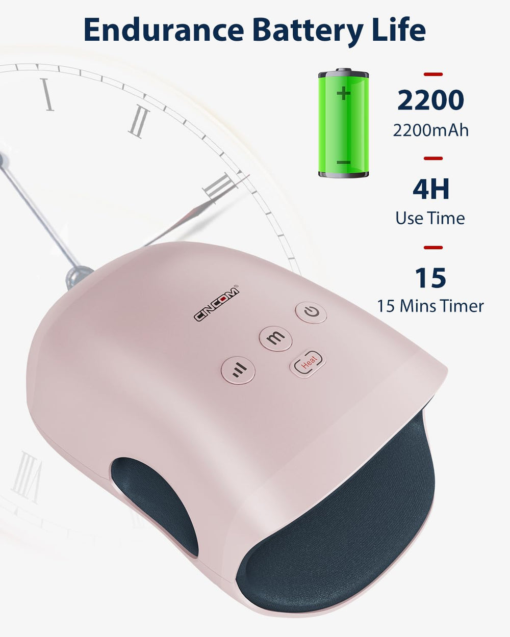 CINCOM hand massager heat level display indicating soothing warmth options