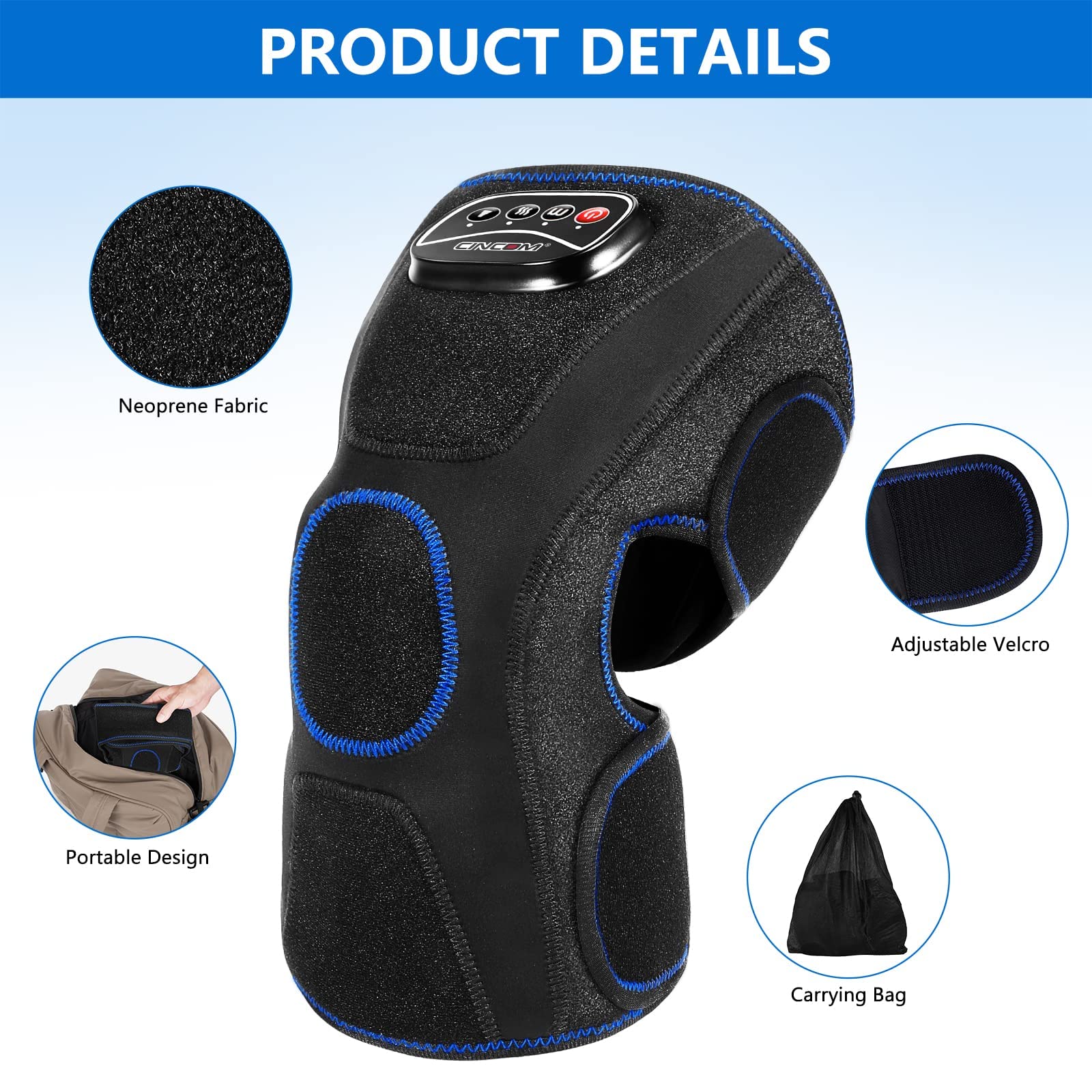 Cincom knee massager controller attached keeps settings within reach during use.