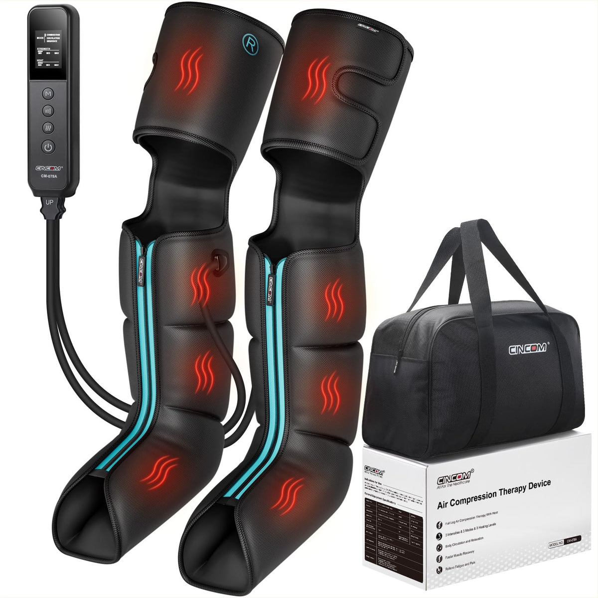 CINCOM leg massager showing 4-zone air compression on calves for targeted relief