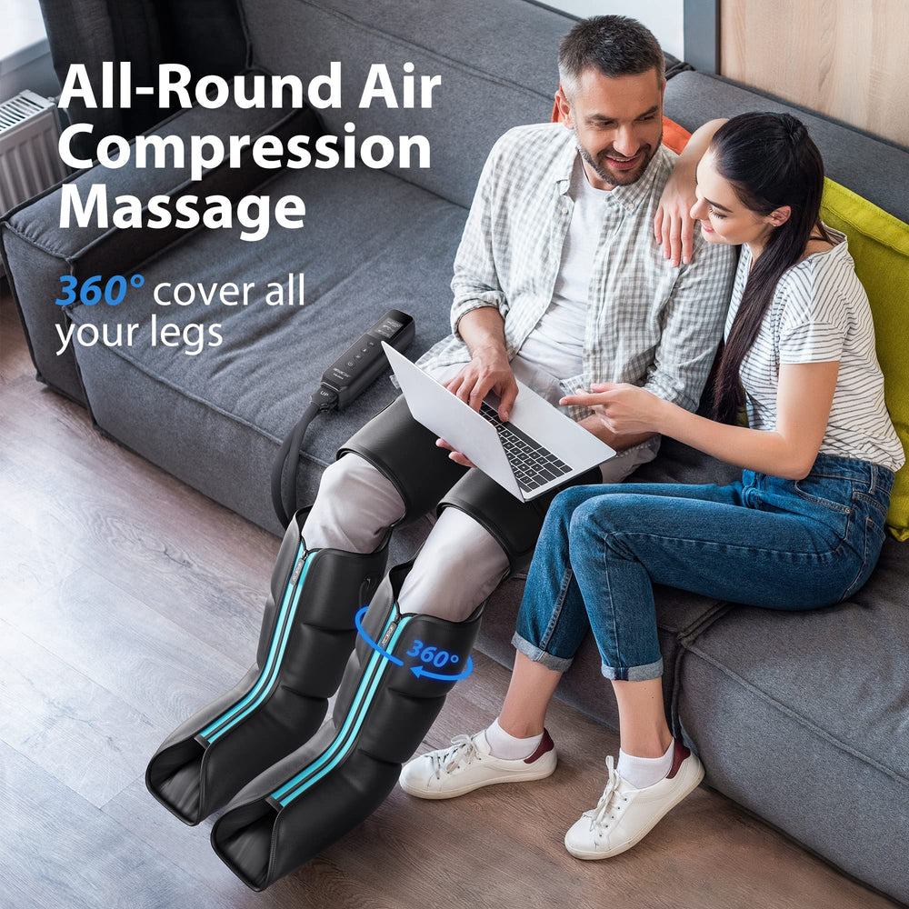 CINCOM leg massager wrapped around calves and thighs with adjustable fit