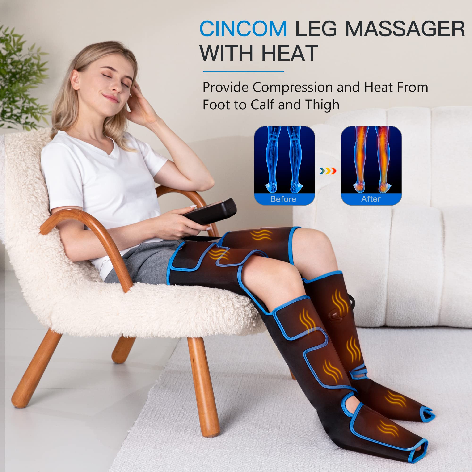 CINCOM leg massager control panel showing modes and intensity for customized relief.