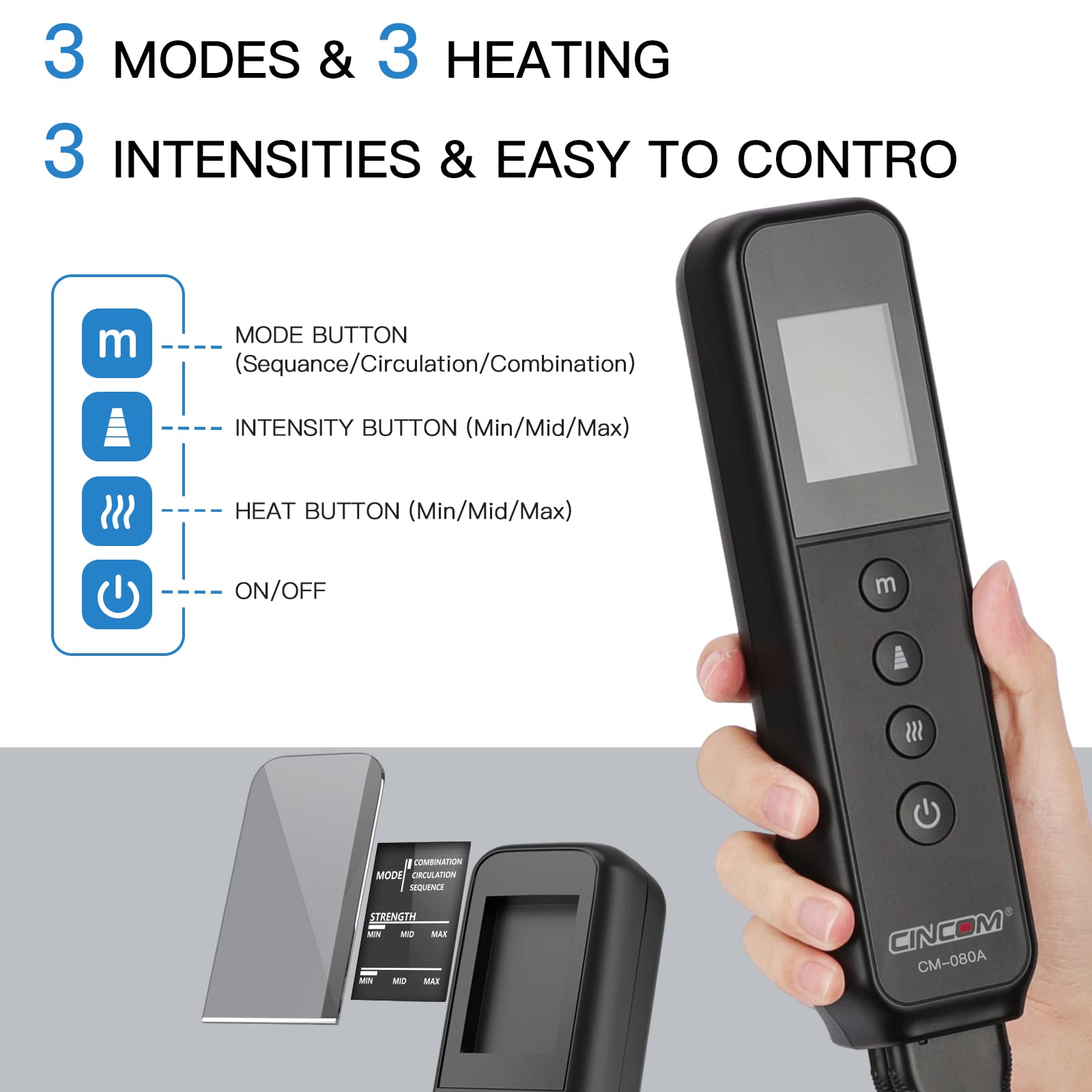 CINCOM leg massager control panel displays three modes and adjustable settings