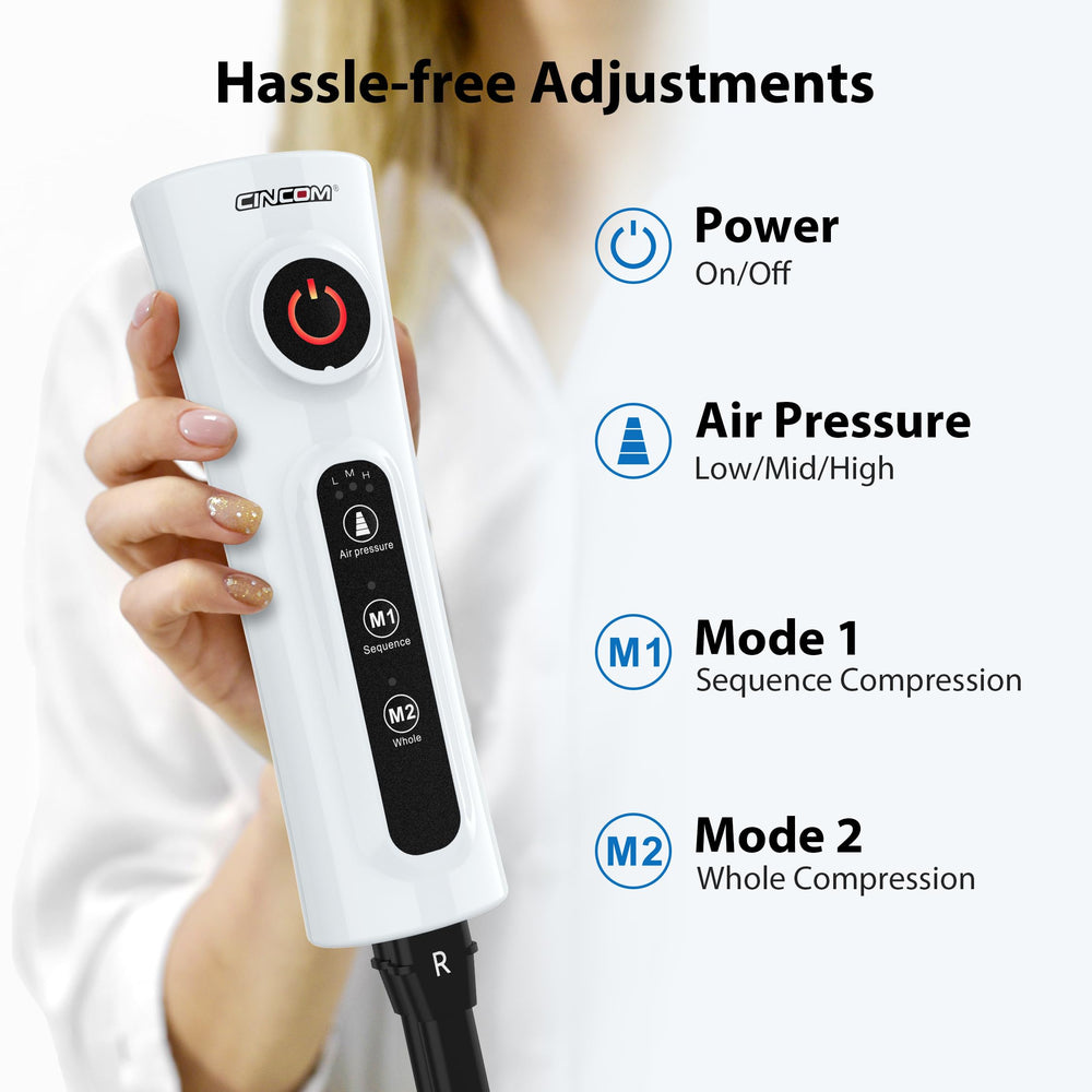 CINCOM leg massager handheld controller for customizing modes and intensity.